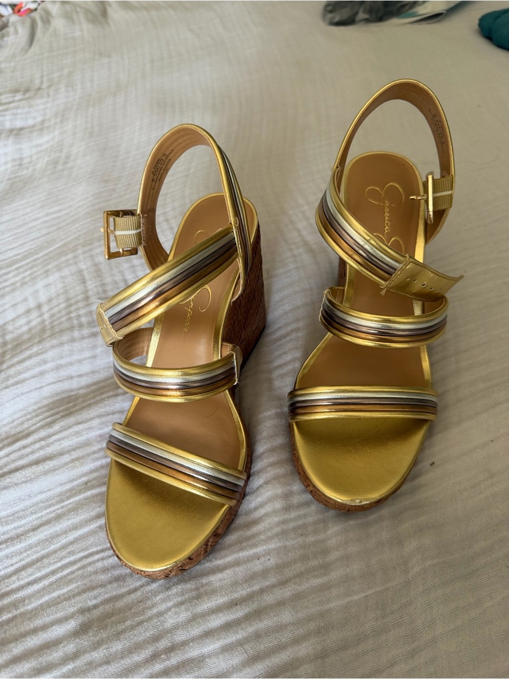 Guess Gold Multi-Stripe Leather Wedge Sandals